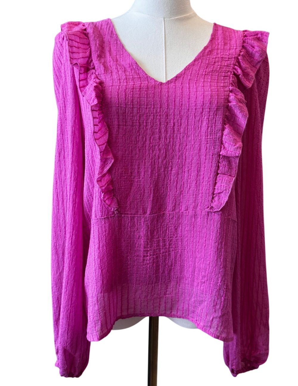New VERO MODA Nordstrom Magenta Long SLeeves Woven V Neck Frill Top Size XS